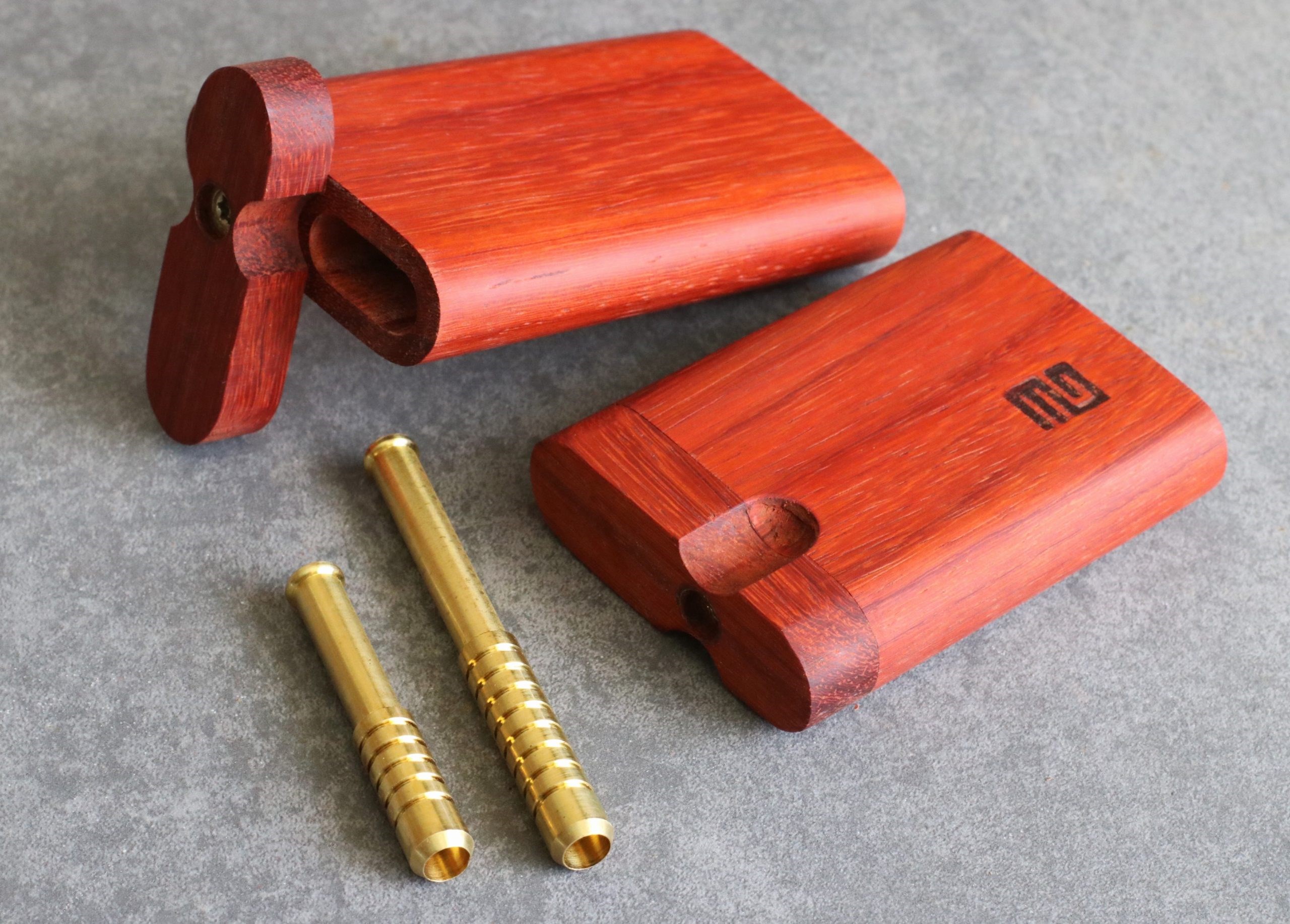 3rd Grain Padauk Wood Dugouts & One Hitter Pipe-American Crafted Stash Box - Honduras Pearl Inlay Dugouts