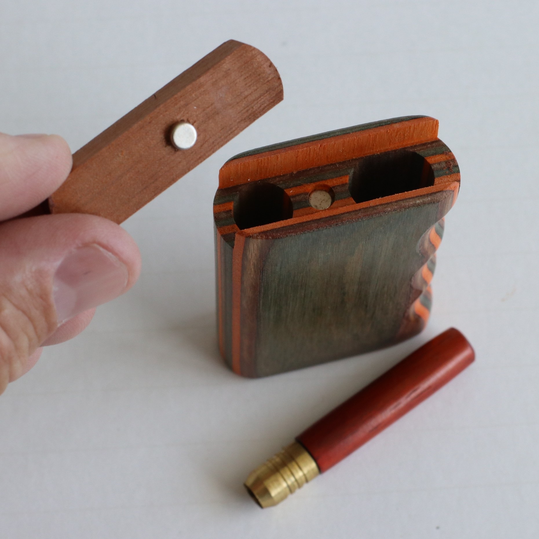 3" Colorful Wood Dugout & One Hitter Pipe-Unique Magnetic Lid-American Crafted Stash Box